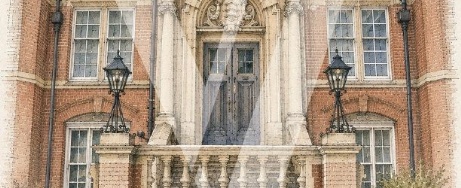 Painting of college library entrance, with college logo superimposed upon it 